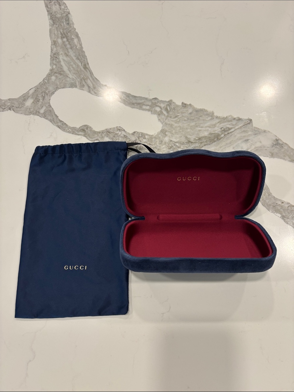 Gucci Navy Velvet Sunglass Case with Burgundy Interior and dust bag